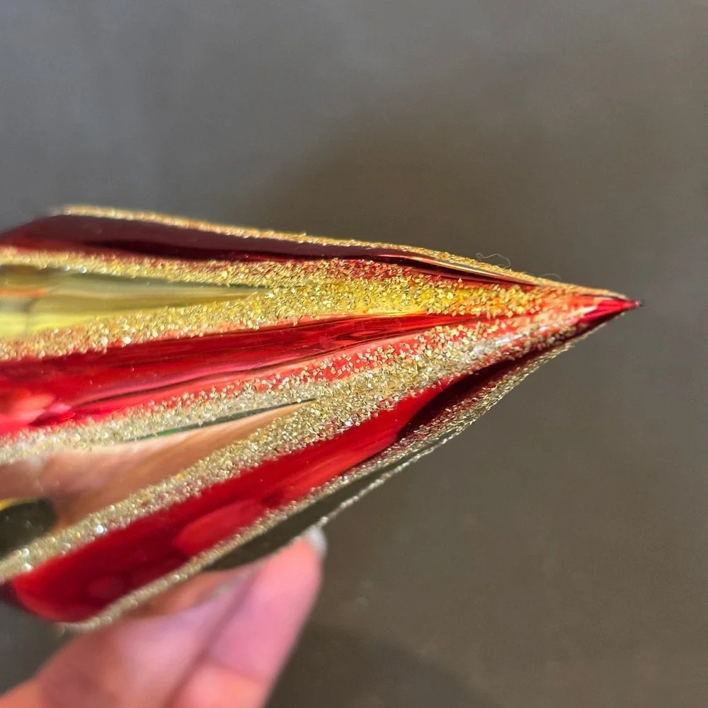 Vintage Teardrop Christmas Ornament Red Gold Glitter Striped Glass USA Made